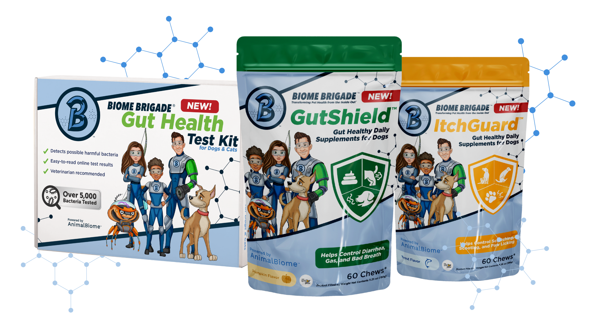 Biome Brigade pet health products featuring three items: a Gut Health Test Kit for dogs and cats, GutShield daily supplements for dogs in a green pouch, and ItchGuard daily supplements for dogs in an orange pouch. Each package includes cartoon superhero characters and icons representing gut health benefits like reducing diarrhea, gas, bad breath, scratching, and paw licking. Background includes blue molecular graphics to suggest science-based formulation.
