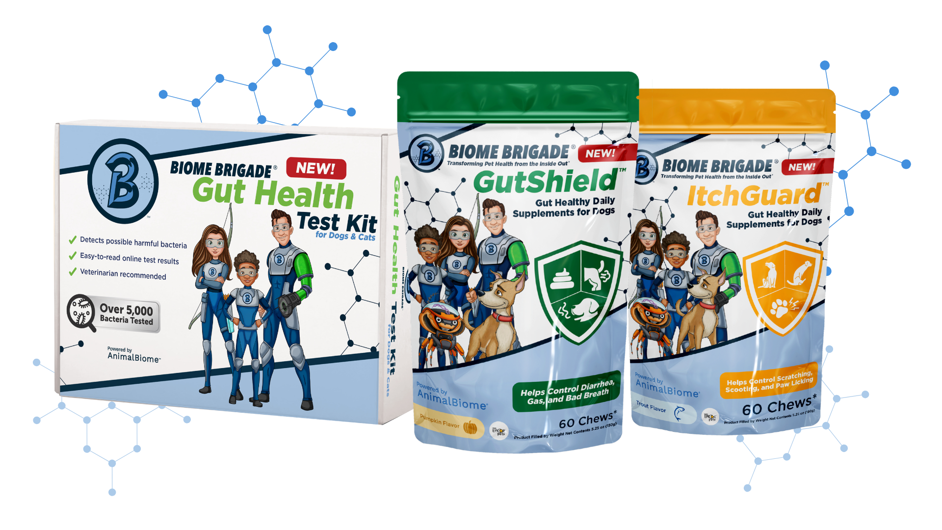 Biome Brigade pet health products featuring three items: a Gut Health Test Kit for dogs and cats, GutShield daily supplements for dogs in a green pouch, and ItchGuard daily supplements for dogs in an orange pouch. Each package includes cartoon superhero characters and icons representing gut health benefits like reducing diarrhea, gas, bad breath, scratching, and paw licking. Background includes blue molecular graphics to suggest science-based formulation.