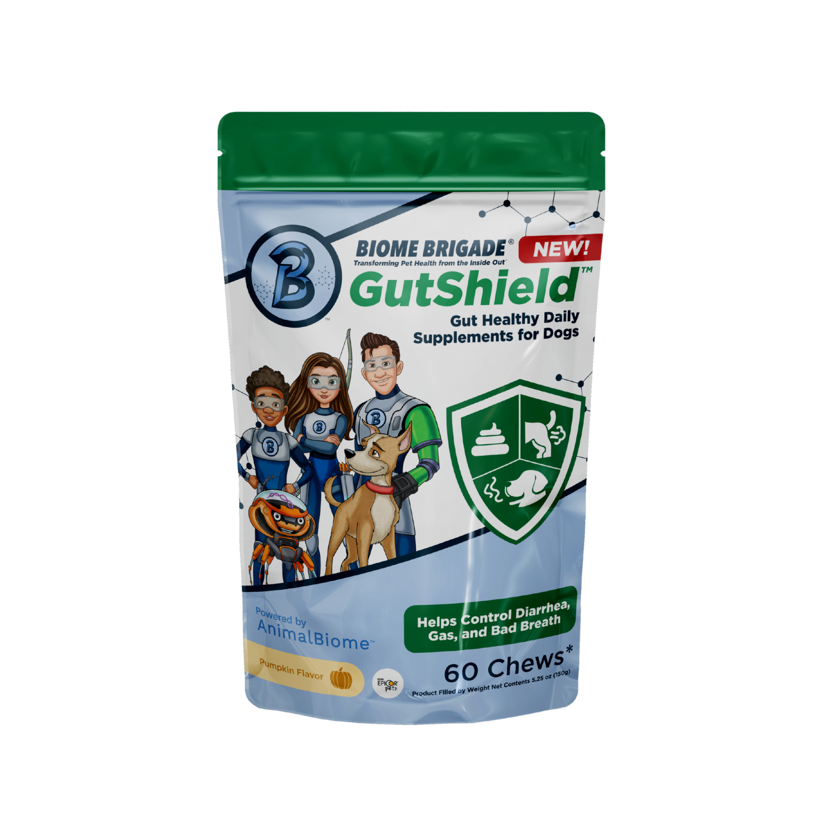 Biome Brigade GutShield supplement pouch for dogs, labeled as a gut healthy daily supplement. The packaging features cartoon superhero characters alongside a dog, and includes a green shield icon with symbols for poop, gas, and breath to highlight benefits. Text on the front states it helps control diarrhea, gas, and bad breath. The product is powered by AnimalBiome and comes in a pumpkin flavor with 60 chews per bag.