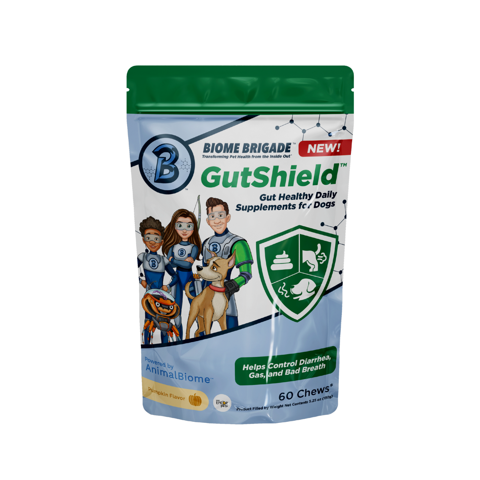 Biome Brigade GutShield supplement pouch for dogs, labeled as a gut healthy daily supplement. The packaging features cartoon superhero characters alongside a dog, and includes a green shield icon with symbols for poop, gas, and breath to highlight benefits. Text on the front states it helps control diarrhea, gas, and bad breath. The product is powered by AnimalBiome and comes in a pumpkin flavor with 60 chews per bag.