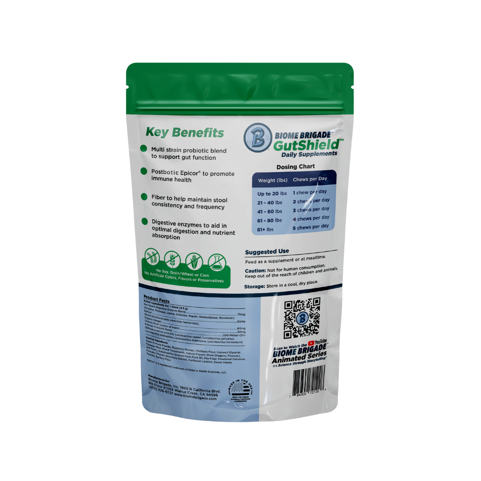 Back of the Biome Brigade GutShield supplement pouch for dogs. Lists key benefits including a multi-strain probiotic blend, postbiotic Epicor® for immune health, fiber for stool consistency, and digestive enzymes for nutrient absorption. Dosing chart recommends chews per day based on dog weight. Icons highlight that the product contains no soy, grain, wheat, corn, or artificial colors, flavors, or preservatives. Bottom section includes product facts, usage instructions, and a QR code linking to the Biome Br