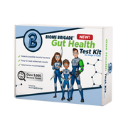 Biome Brigade Gut Health Test Kit for Dogs & Cats, featuring animated superhero characters on the packaging. The white and blue box highlights key benefits: detects harmful bacteria, easy-to-read online results, and veterinarian recommended. A badge notes that over 5,000 bacteria are tested, with the product powered by AnimalBiome. Scientific molecule graphics are used in the background to emphasize a science-based approach.