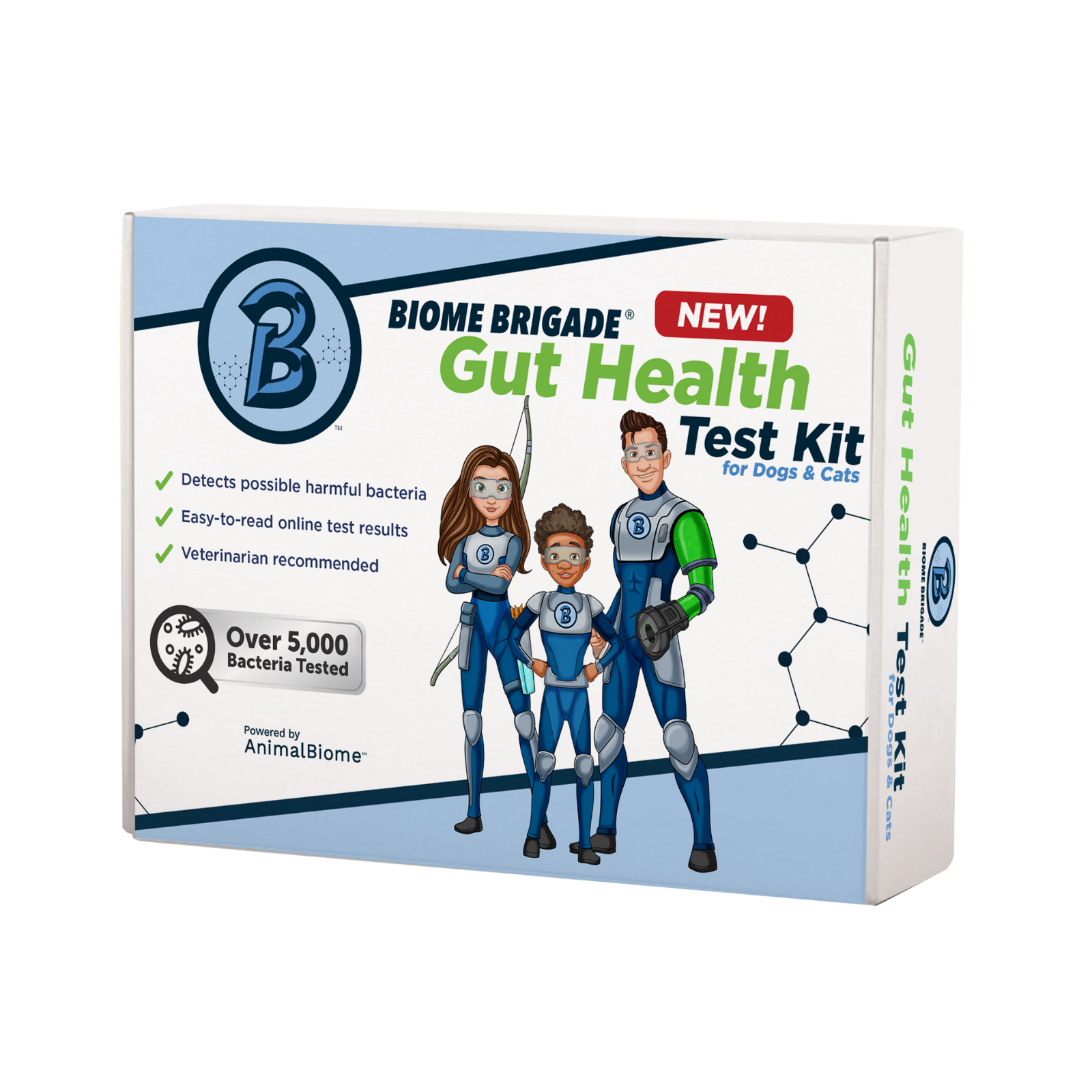 Biome Brigade Gut Health Test Kit for Dogs & Cats, featuring animated superhero characters on the packaging. The white and blue box highlights key benefits: detects harmful bacteria, easy-to-read online results, and veterinarian recommended. A badge notes that over 5,000 bacteria are tested, with the product powered by AnimalBiome. Scientific molecule graphics are used in the background to emphasize a science-based approach.
