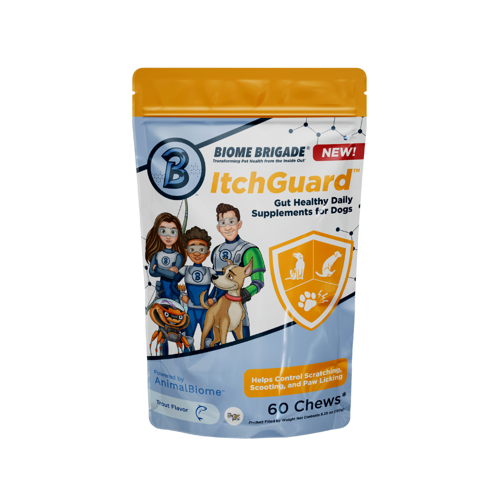 Biome Brigade ItchGuard supplement pouch for dogs, designed as a gut healthy daily supplement. The packaging features cartoon superhero characters with a dog and includes an orange shield icon showing symbols of a dog, paw, and scratching. It states the product helps control scratching, scooting, and paw licking. Powered by AnimalBiome, the trout-flavored supplement contains 60 chews per bag.