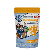 Biome Brigade ItchGuard supplement pouch for dogs, designed as a gut healthy daily supplement. The packaging features cartoon superhero characters with a dog and includes an orange shield icon showing symbols of a dog, paw, and scratching. It states the product helps control scratching, scooting, and paw licking. Powered by AnimalBiome, the trout-flavored supplement contains 60 chews per bag.