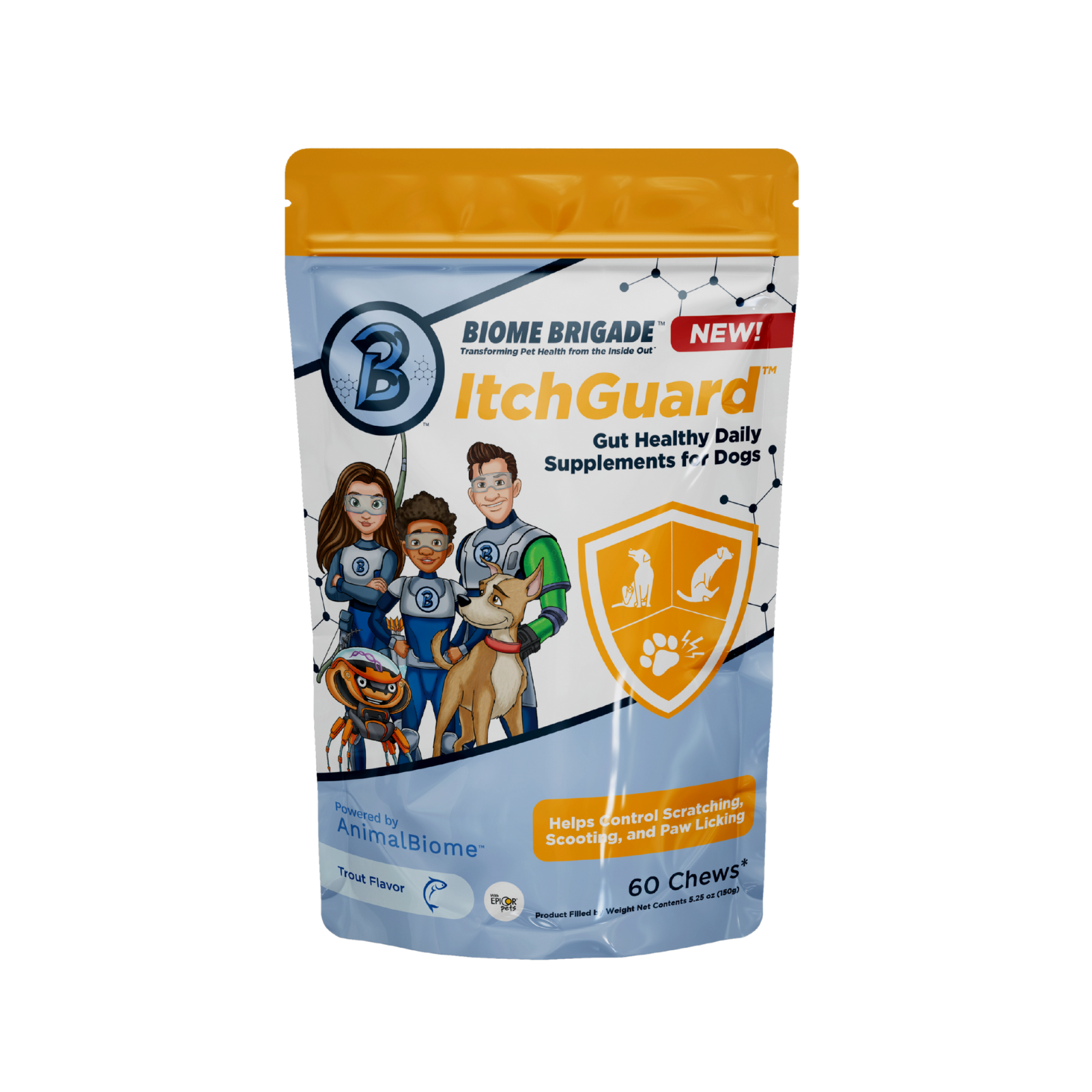 Biome Brigade ItchGuard supplement pouch for dogs, designed as a gut healthy daily supplement. The packaging features cartoon superhero characters with a dog and includes an orange shield icon showing symbols of a dog, paw, and scratching. It states the product helps control scratching, scooting, and paw licking. Powered by AnimalBiome, the trout-flavored supplement contains 60 chews per bag.