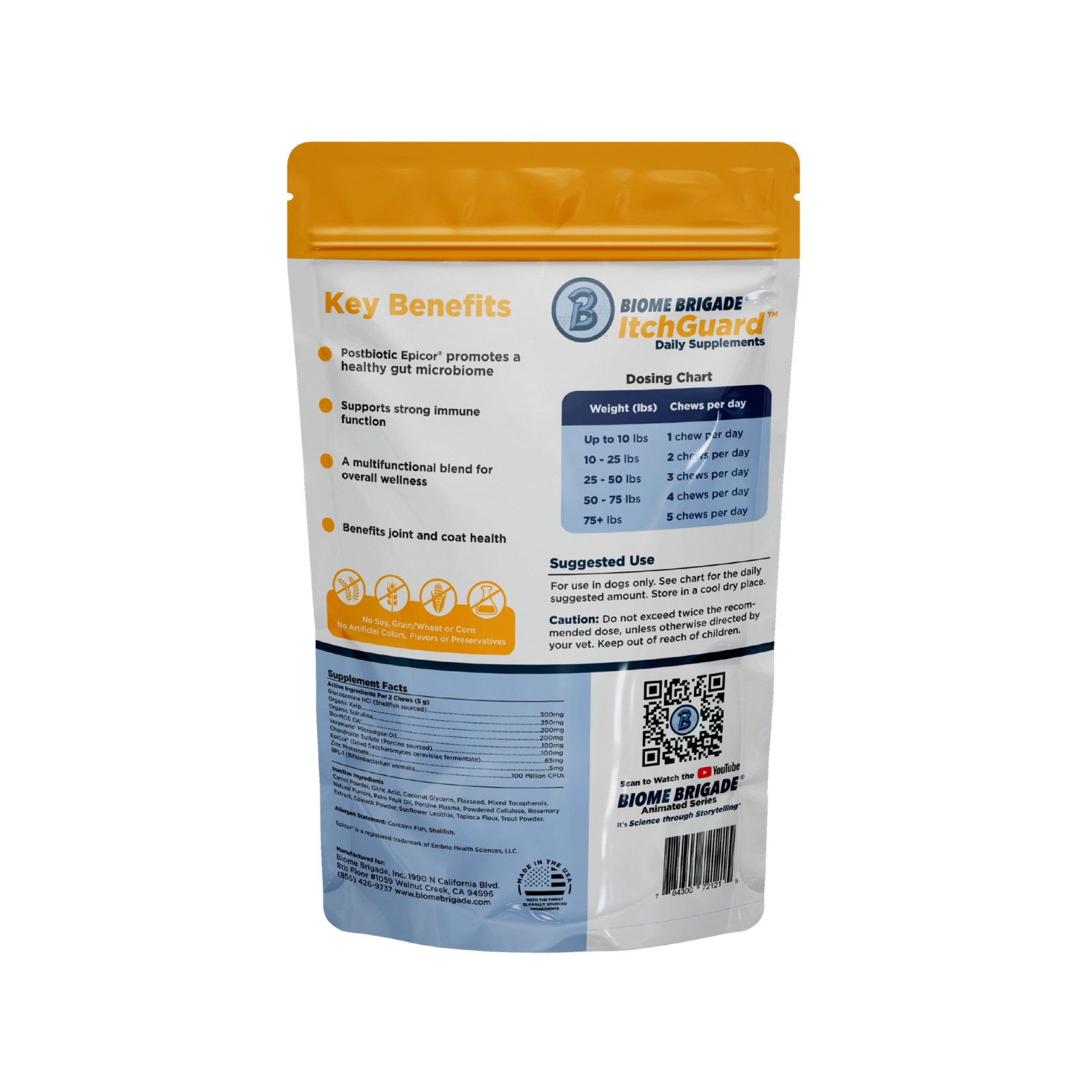 Back of the Biome Brigade ItchGuard supplement pouch for dogs. Highlights key benefits including support for a healthy gut microbiome, strong immune function, joint and coat health, and overall wellness. A dosing chart shows recommended chews per day based on dog weight. Icons indicate the product contains no soy, grain, wheat, corn, artificial colors, flavors, or preservatives. The bottom includes supplement facts, usage instructions, and a QR code linking to the Biome Brigade animated series on YouTube.