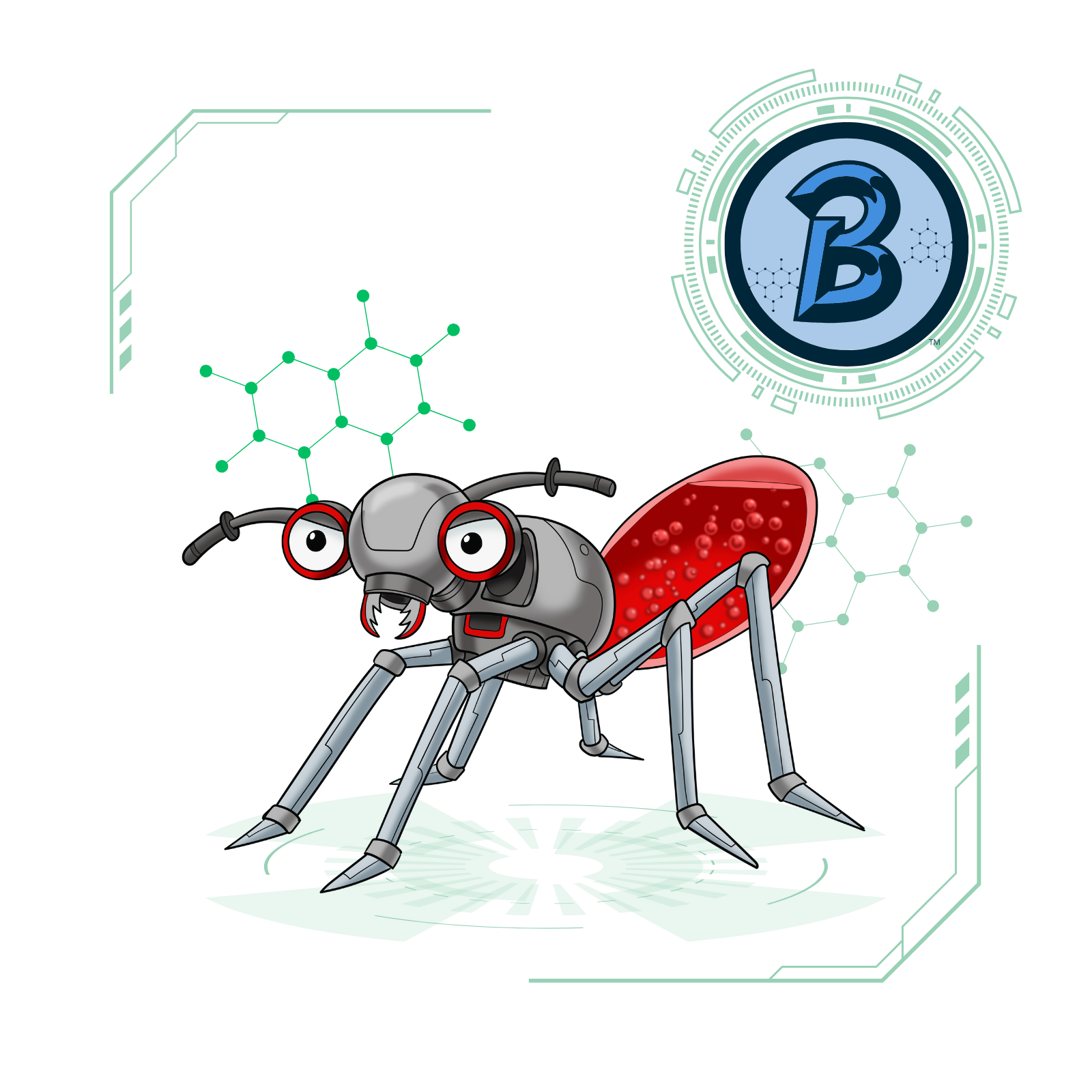 Cartoon illustration of Army A.N.T.S™, a robotic ant character with a shiny gray metal body, red compound eyes, and a bright red abdomen. The ant stands on six segmented legs, with a determined expression and visible gears in its mouth. A glowing Biome Brigade™ logo floats above.