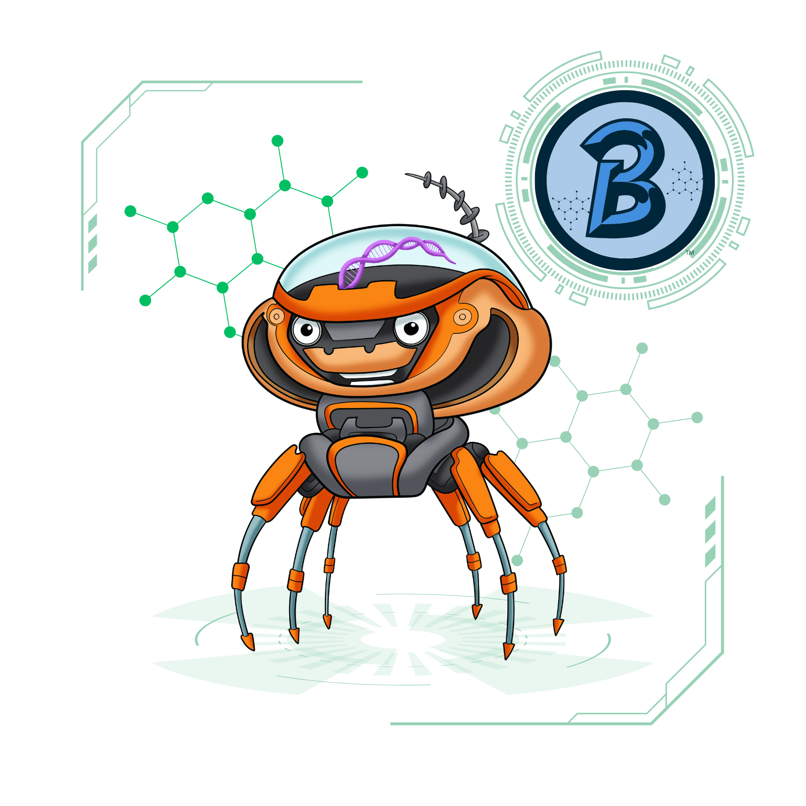 Cartoon illustration of Backpack the Bacteriophage™, a small orange and black robotic spider-like character with six legs and a clear dome helmet displaying a purple DNA strand inside. The robot has a friendly face with big eyes and a cheerful smile. A glowing Biome Brigade™ logo floats above.