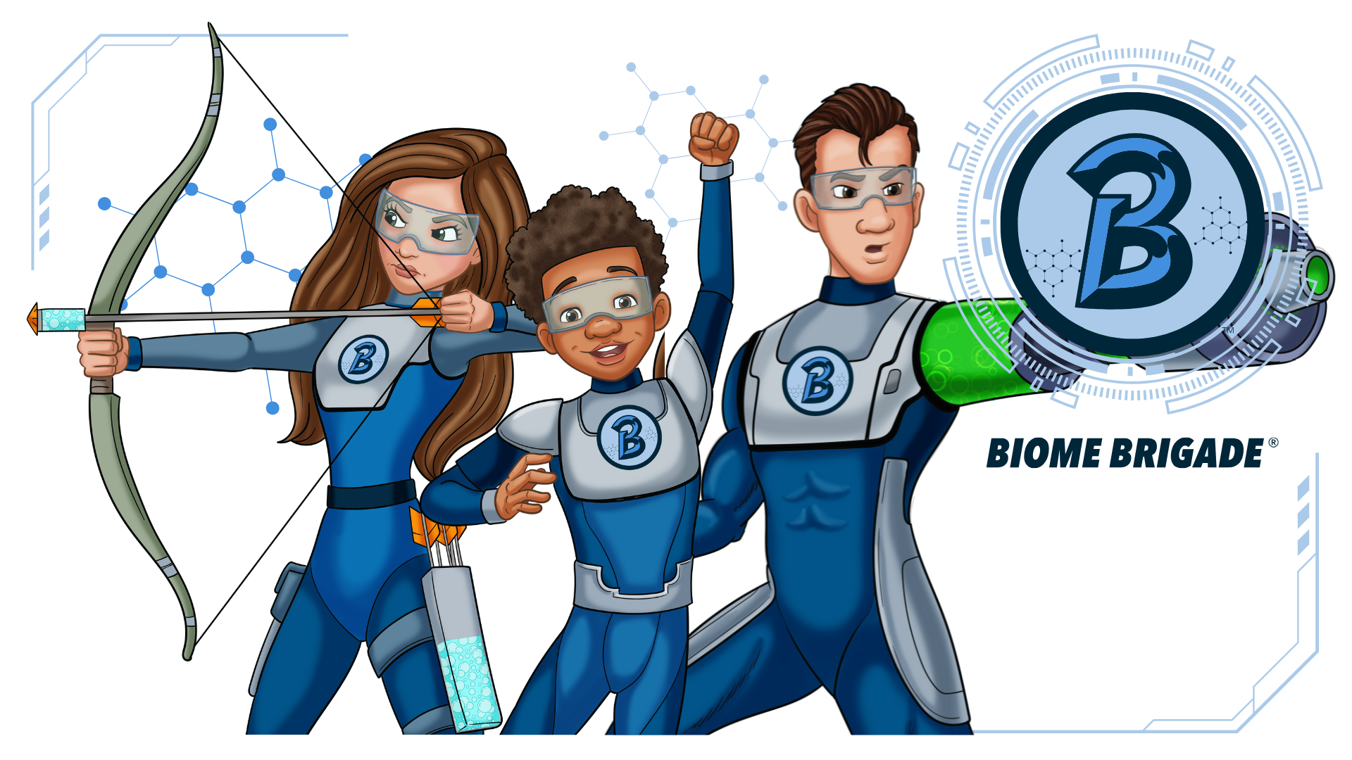 Three characters in superhero costumes with a 'Biome Brigade' logo on a white background