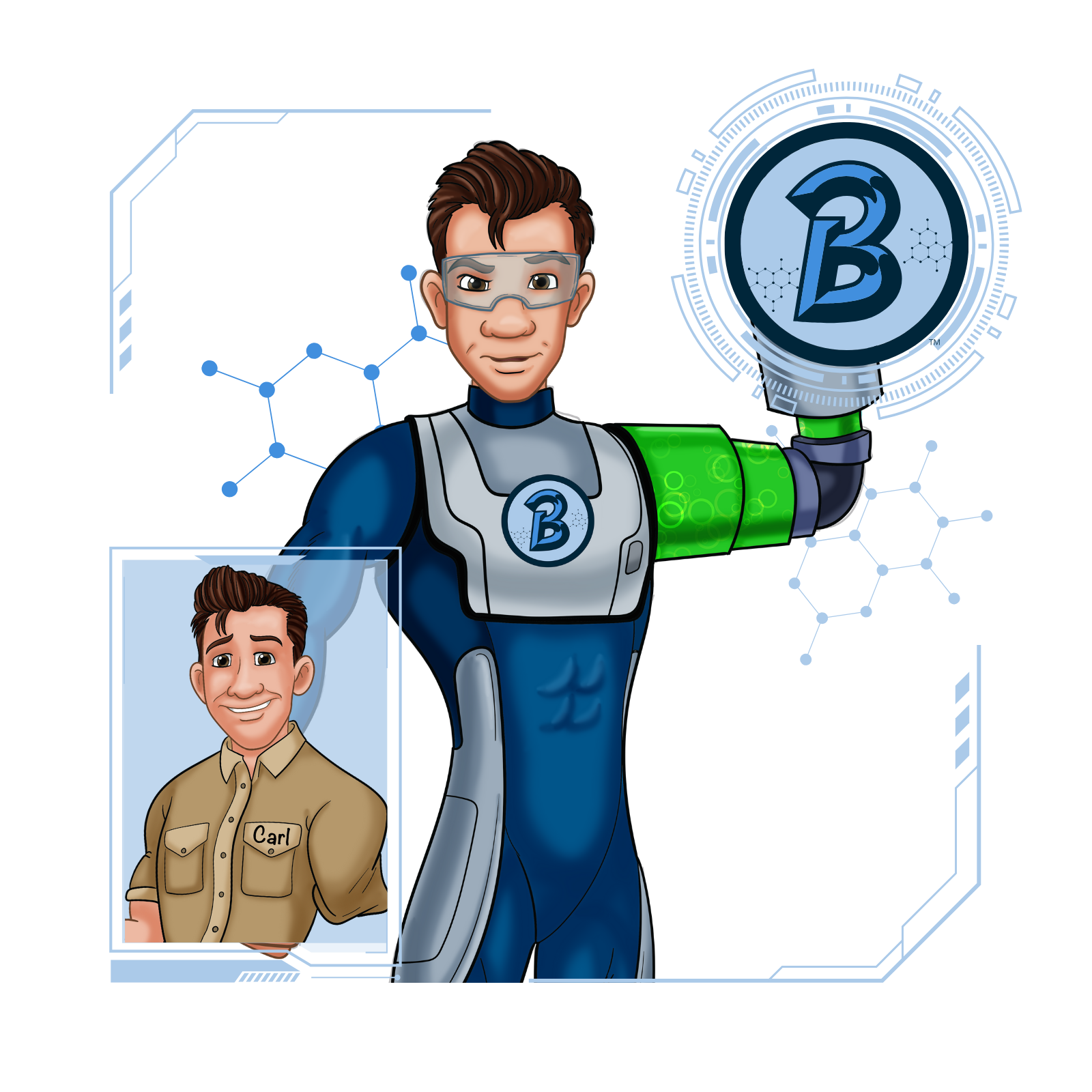 Cartoon illustration of Captain Keller™, a male Biome Brigade superhero with short brown hair, wearing a blue and gray suit with a glowing green bionic arm and high-tech goggles. He holds a holographic Biome Brigade™ logo above his hand. In the bottom left, there's an inset image of the same character in civilian form, wearing a tan work shirt labeled "Carl."