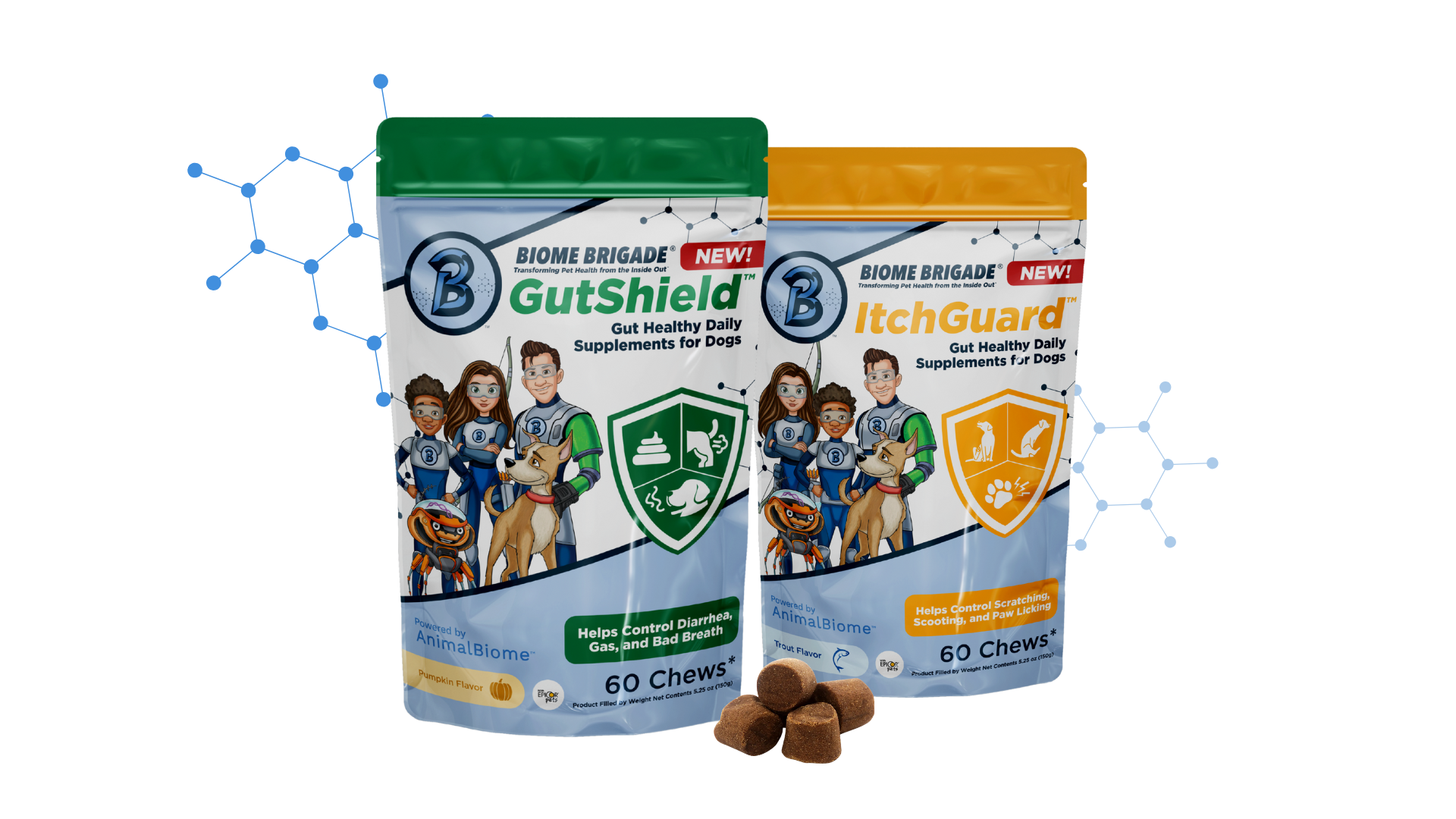 Two packages of Biome Brigade pet supplements on a white background