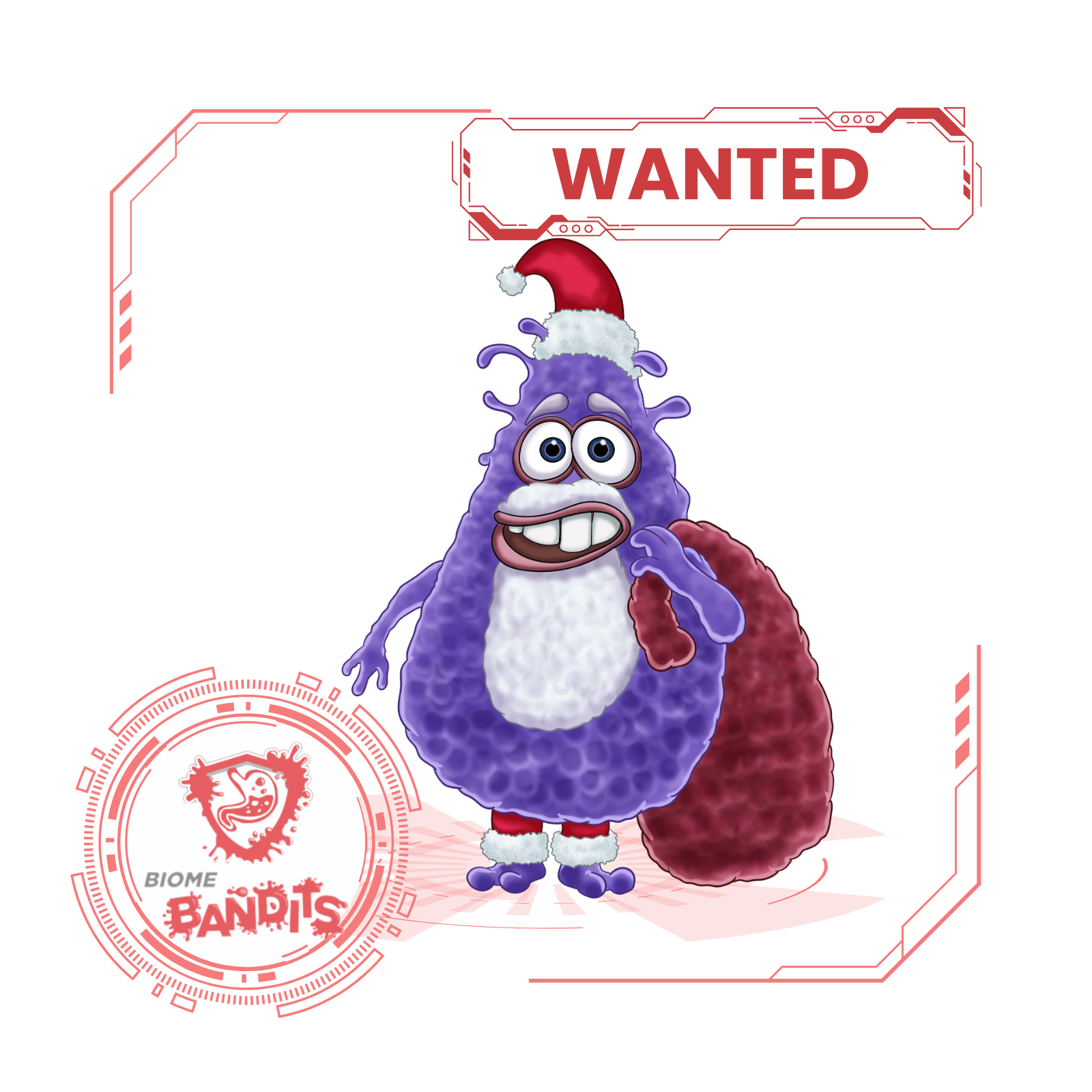 Cartoon illustration of Claus Stridium™, a purple, lumpy, germ-like character wearing a Santa hat and fuzzy red boots. He has a mischievous expression, with big eyes and a wide grin, holding a red sack over his shoulder. A red "WANTED" sign is displayed above him, and a “Biome Bandits” emblem appears in the bottom left corner, indicating he is a villain in the Biome Brigade universe. 