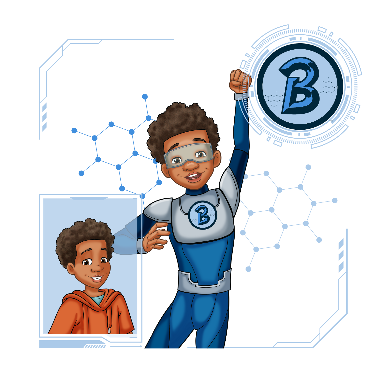 Cartoon illustration of Doctor Biotic™, a young Biome Brigade superhero with curly hair, wearing a blue and gray suit with goggles, striking a heroic pose with one fist raised and a Biome Brigade™ logo projected above. In the lower left corner, an inset shows the same character in everyday clothes—a cheerful young boy wearing an orange hoodie.