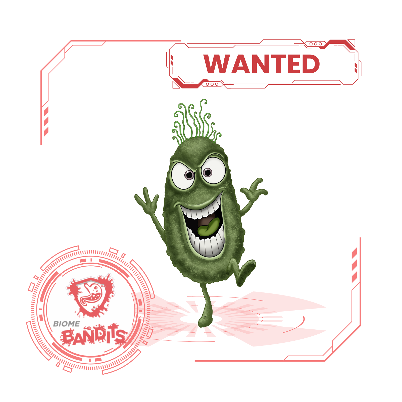 Cartoon illustration of Eli Cole™, a goofy green bacteria character with wild hair-like strands on its head, bulging eyes, and a huge open-mouthed grin showing large teeth and a green tongue. The character is mid-leap with arms and legs spread in an excited pose. A red “WANTED” sign appears above, with a circular “Biome Bandits” logo to the left and a futuristic scanner-style frame around the image.