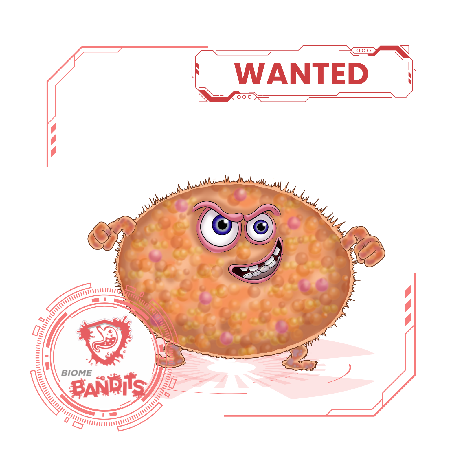 Cartoon illustration of Flaky Jake™, a mischievous, round, orange bacteria character with bumpy, textured skin, angry purple eyes, a wide sneer showing teeth, and clenched fists. The character stands in a confident pose under a red “WANTED” sign, with a circular "Biome Bandits" logo to the left. The design has a futuristic scanner-style frame.