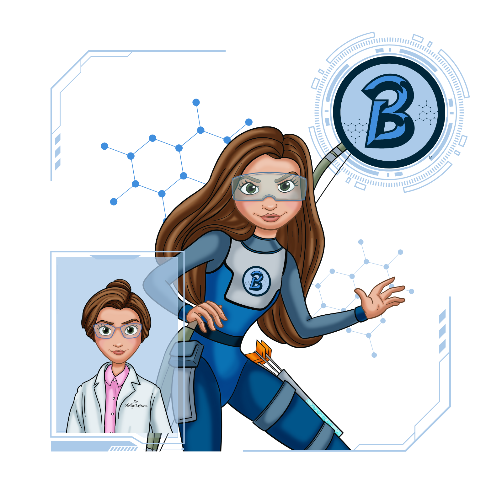Cartoon illustration of Hologram™, a female Biome Brigade superhero with long brown hair, wearing a blue and gray high-tech suit, protective goggles, and a quiver of arrows. She is in an action pose, ready for action, with a glowing Biome Brigade™ logo projected above her hand. In the corner, there is a portrait of her in a lab coat labeled "Dr. Holly O. Gram™," showing her dual identity as a veterinarian and superhero.