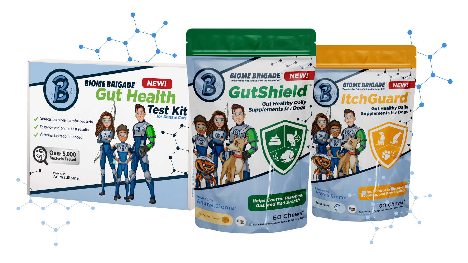 Biome Brigade pet health products featuring three items: a Gut Health Test Kit for dogs and cats, GutShield daily supplements for dogs in a green pouch, and ItchGuard daily supplements for dogs in an orange pouch. Each package includes cartoon superhero characters and icons representing gut health benefits like reducing diarrhea, gas, bad breath, scratching, and paw licking. Background includes blue molecular graphics to suggest science-based formulation.